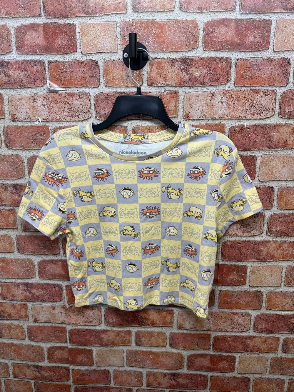 Retro 90’s Rugrats Checkerboard Cropped Tee - Yellow & Gray with Orange Accents
